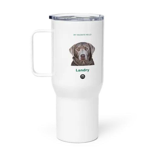 Example travel mug personalized with Landry’s portrait and name